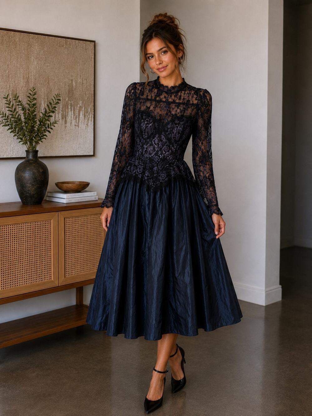 Gunne Sax Vintage Victorian Purple Black Midi Dress Womens 13 Lace Goth 80s